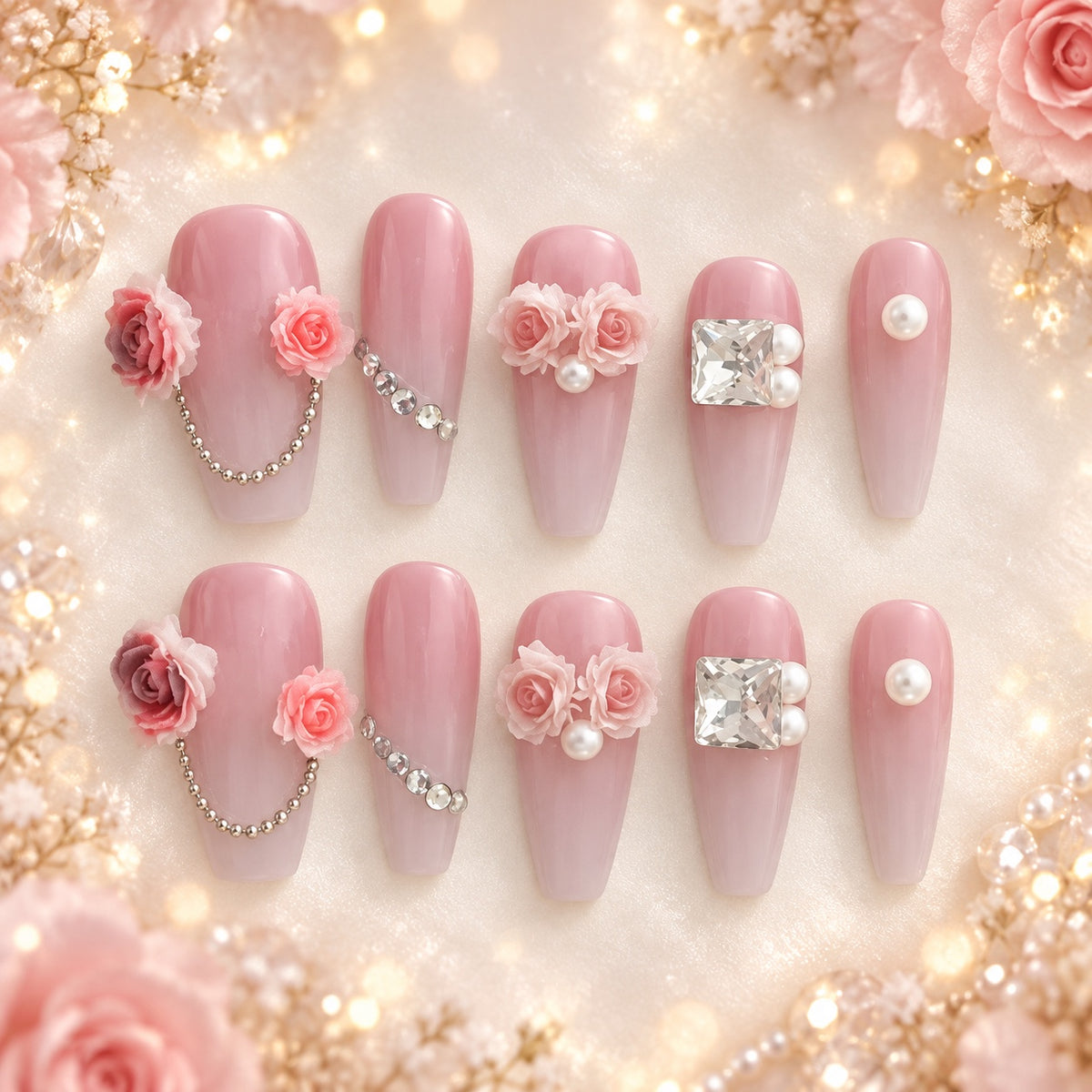 Medium coffin dusty pink press-on nails with 3D roses, pearls, rhinestones and crystal accents