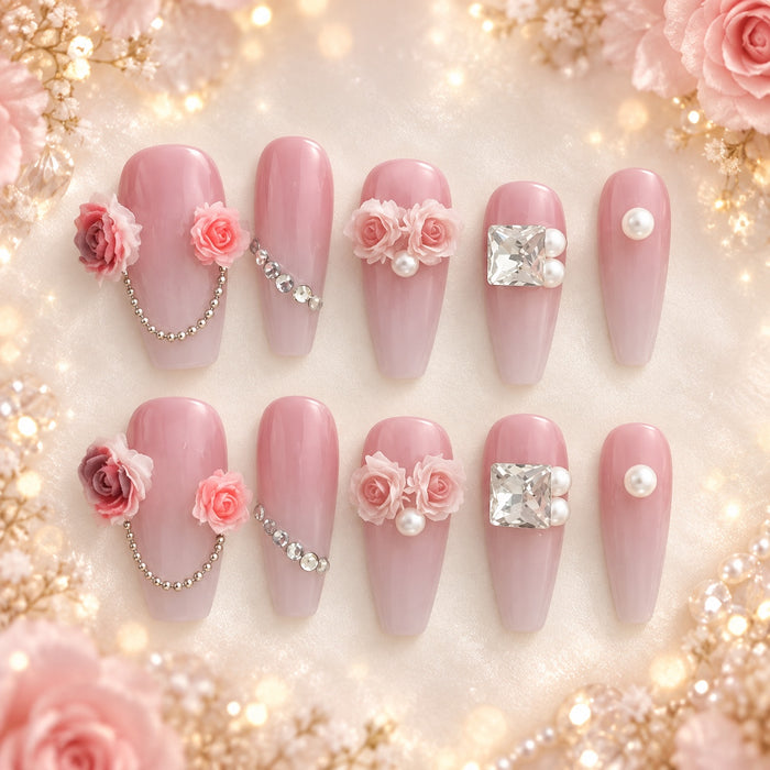 Medium coffin dusty pink press-on nails with 3D roses, pearls, rhinestones and crystal accents