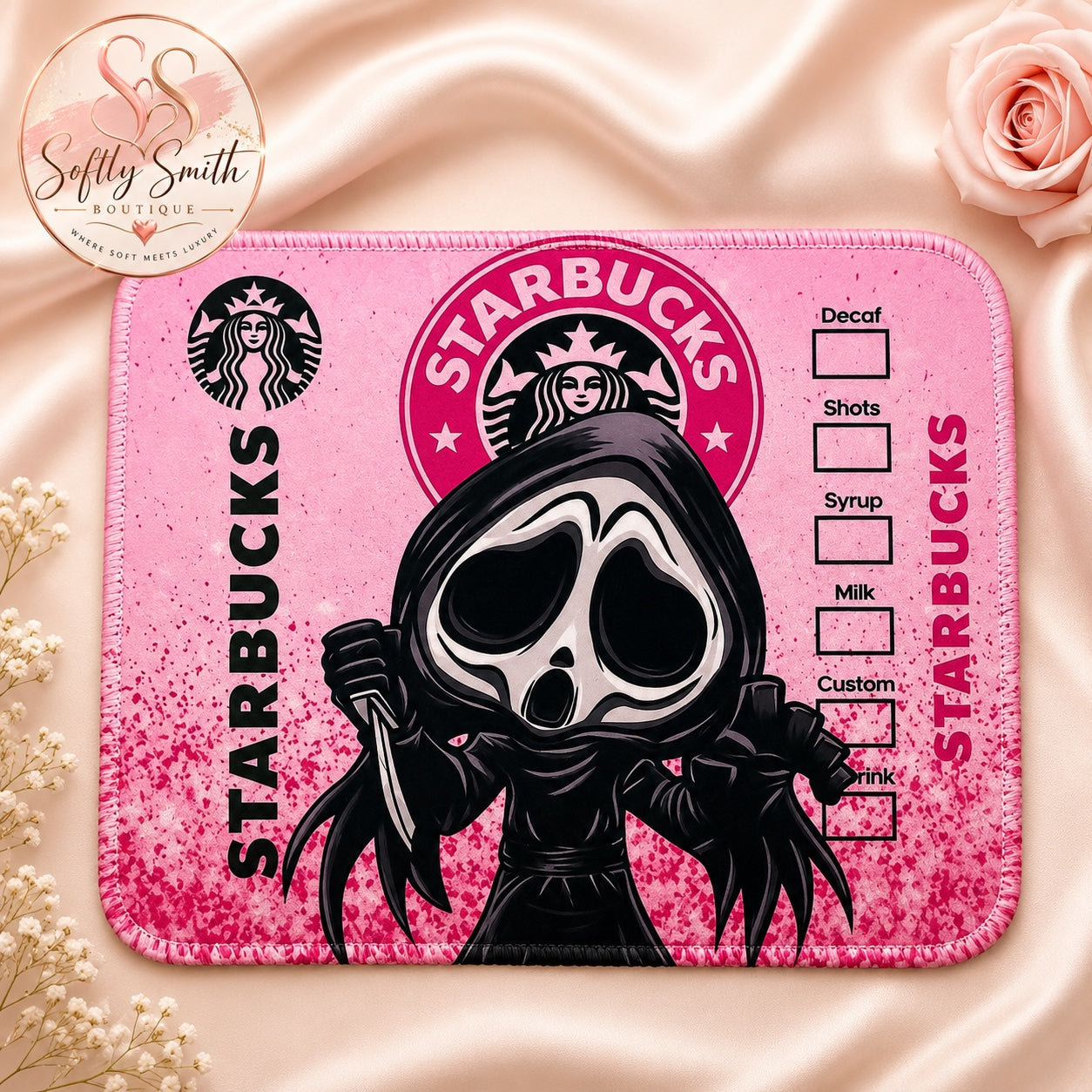 Pink spooky coffee mouse pad