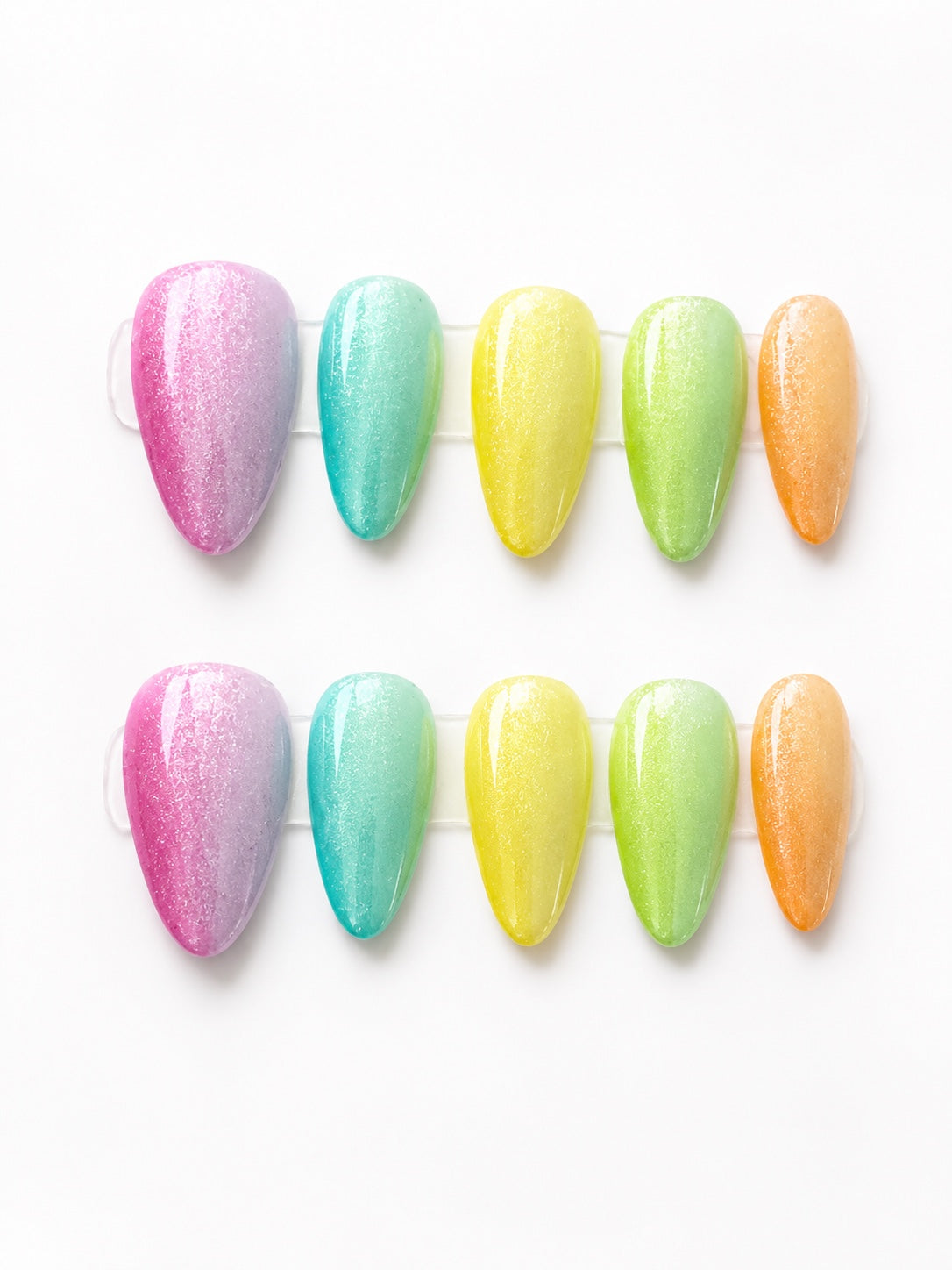 Pastel rainbow glitter press-on nails in pink aqua yellow green and orange