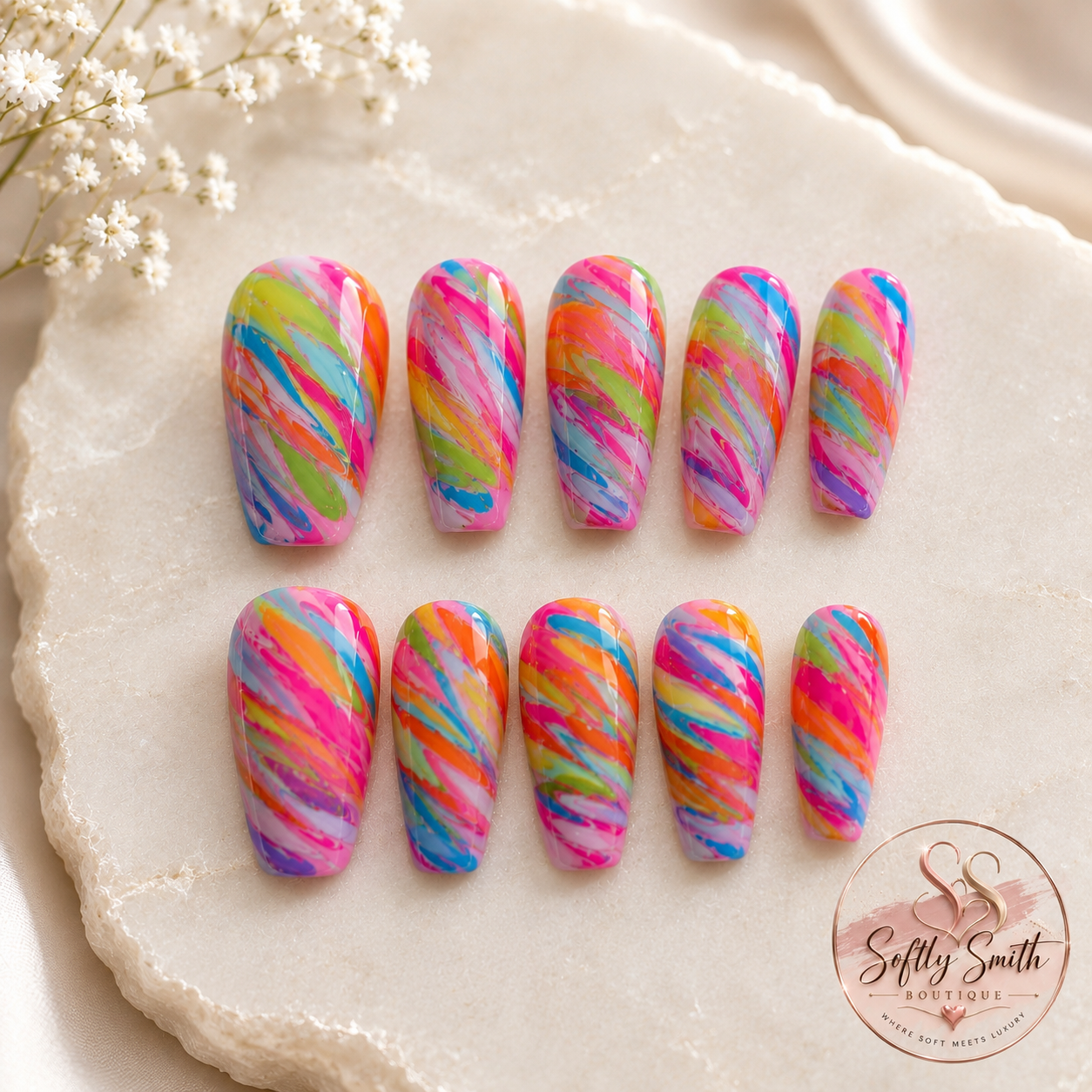 Rainbow Rush Swirl colorful one-of-one press-on nail set