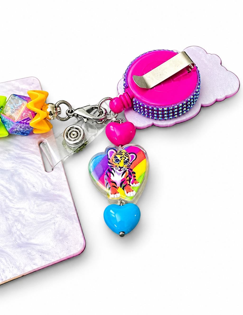 Rainbow tiger badge reel and badge buddy set back view