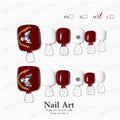 Ruby red and white press-on toe nails with butterfly charm and crystal accents