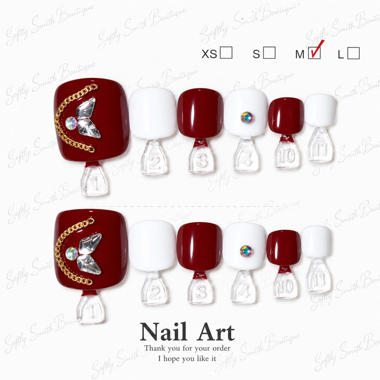 Ruby red and white press-on toe nails with butterfly charm and crystal accents