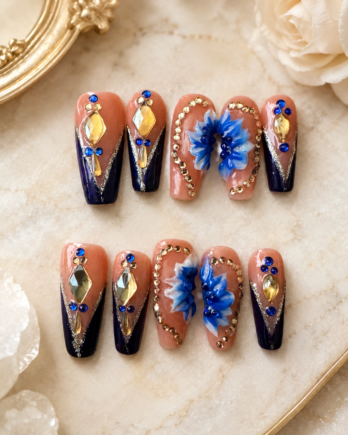 Sapphire Bloom Luxe press-on nails, long length in large size