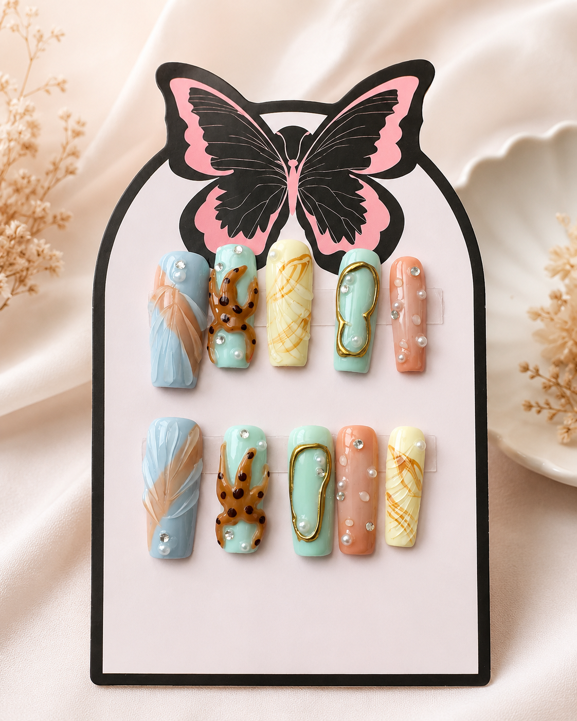 Pastel Reef Safari one-of-one coffin press-on nail set in size small