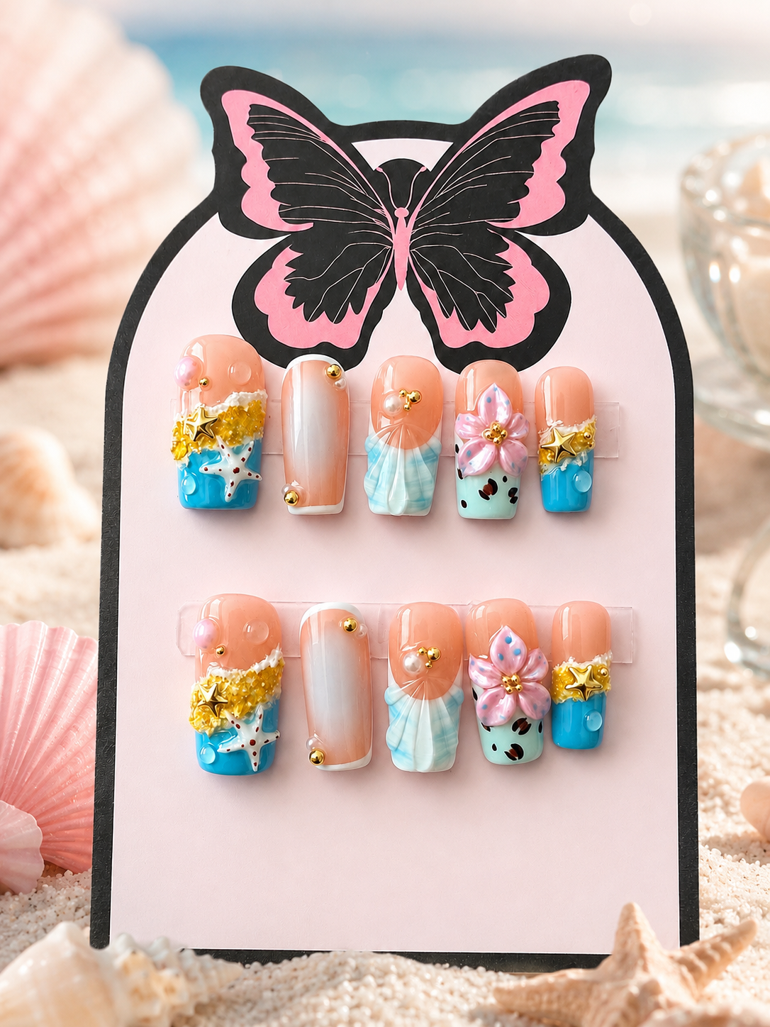 Seashell Blossom ocean-themed press-on nails, size small