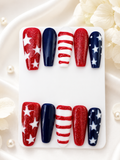 Star-Spangled Sparkle red white and navy long coffin press-on nails