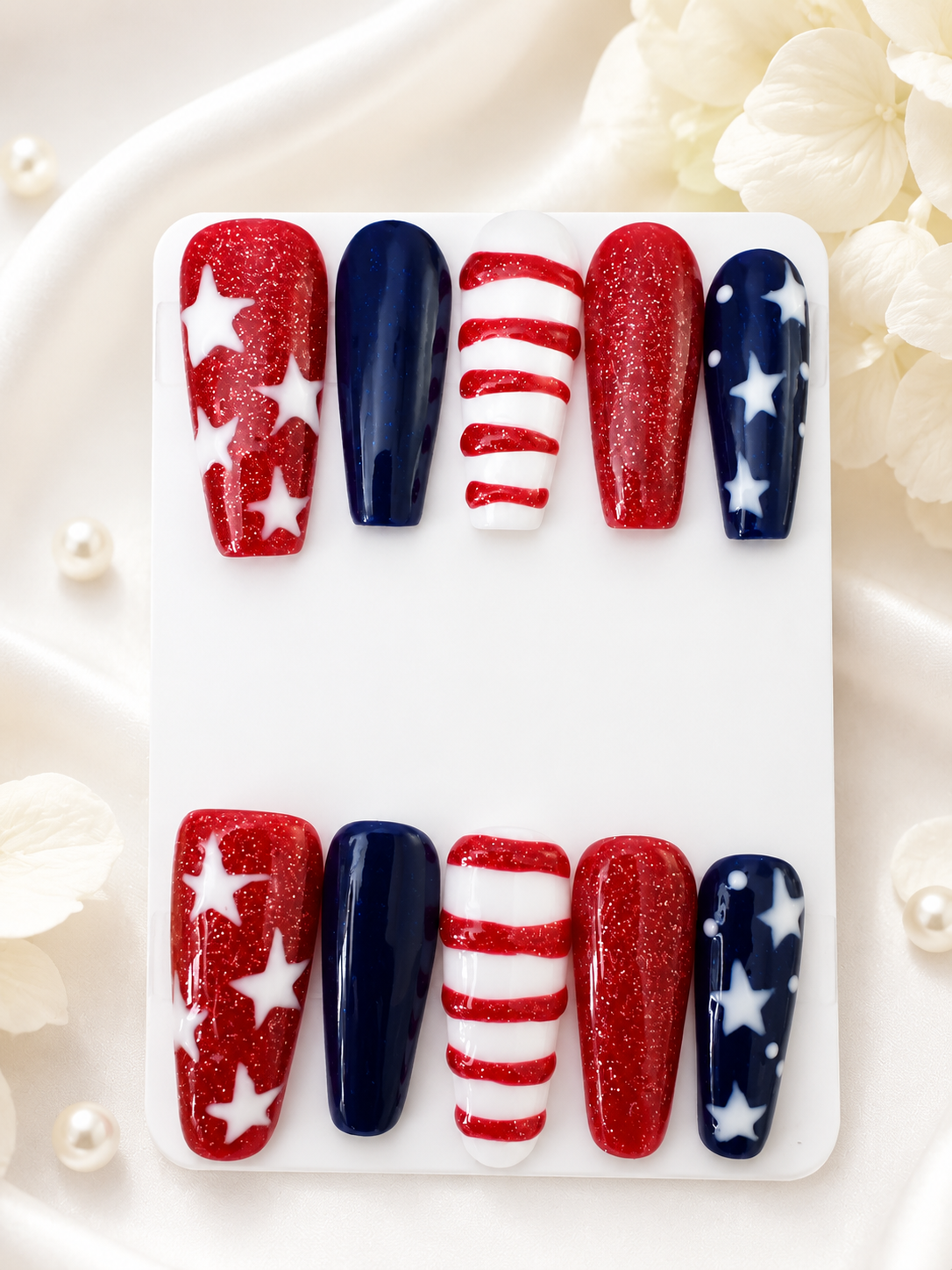 Star-Spangled Sparkle red white and navy long coffin press-on nails