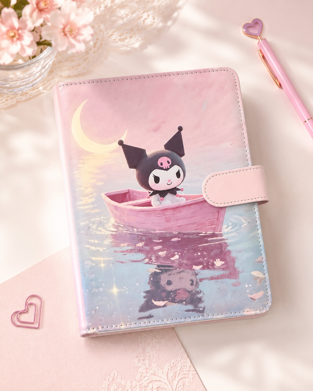 Pink Starlight Kuromi A5 binder styled flat lay