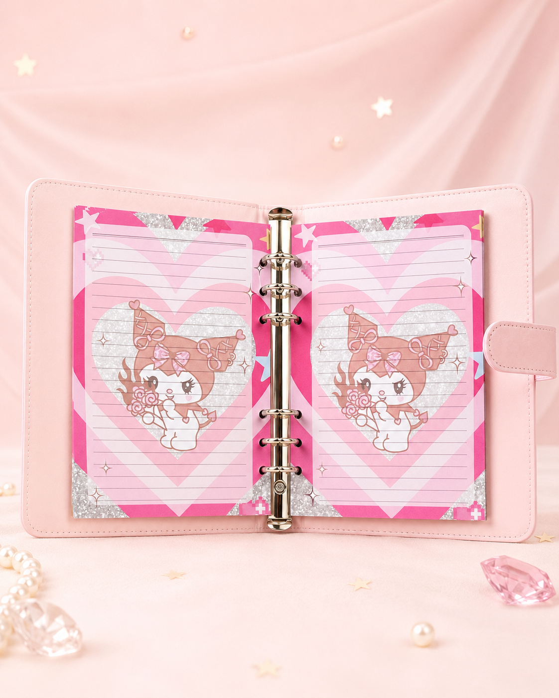 Pink A5 binder open with decorative lined paper