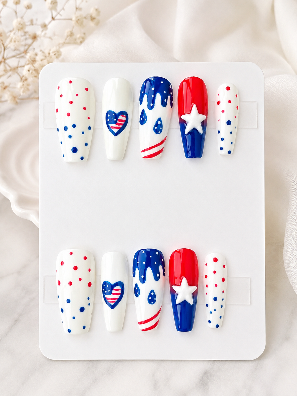 Star-Spangled Drip press-on nails in medium coffin shape