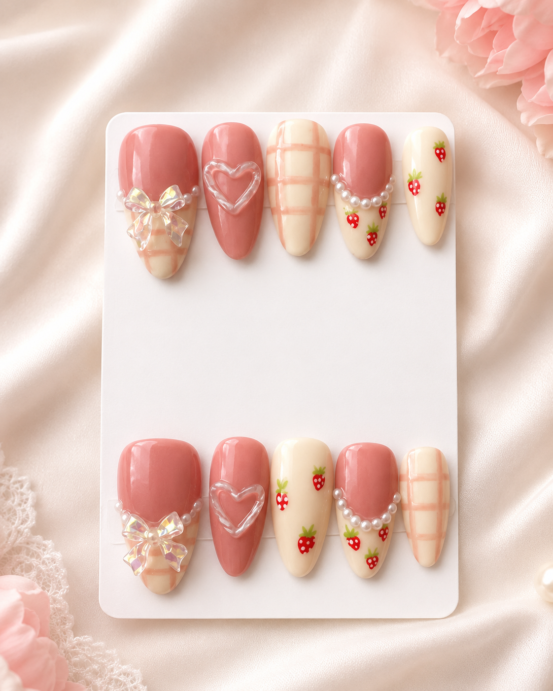 Strawberry plaid press-on nails with pearl, heart, and bow details