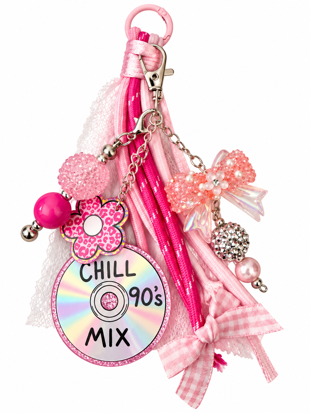 Pink Y2K handmade 90s mixtape bag charm on white background