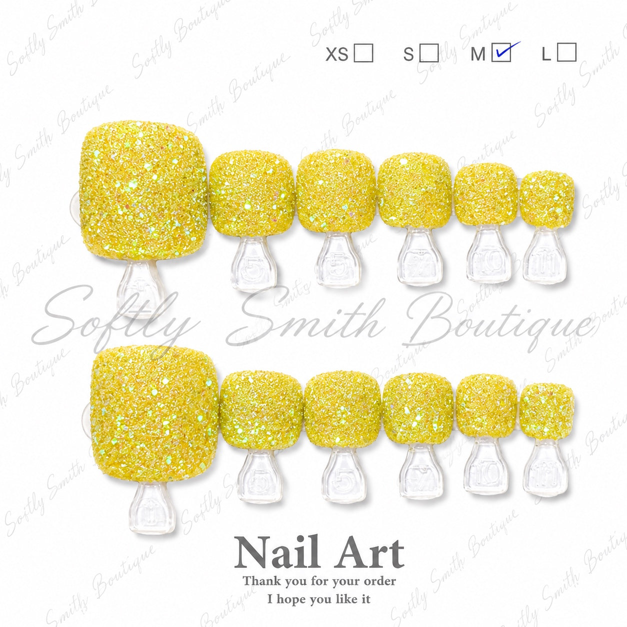 Bright yellow glitter press-on toe nails