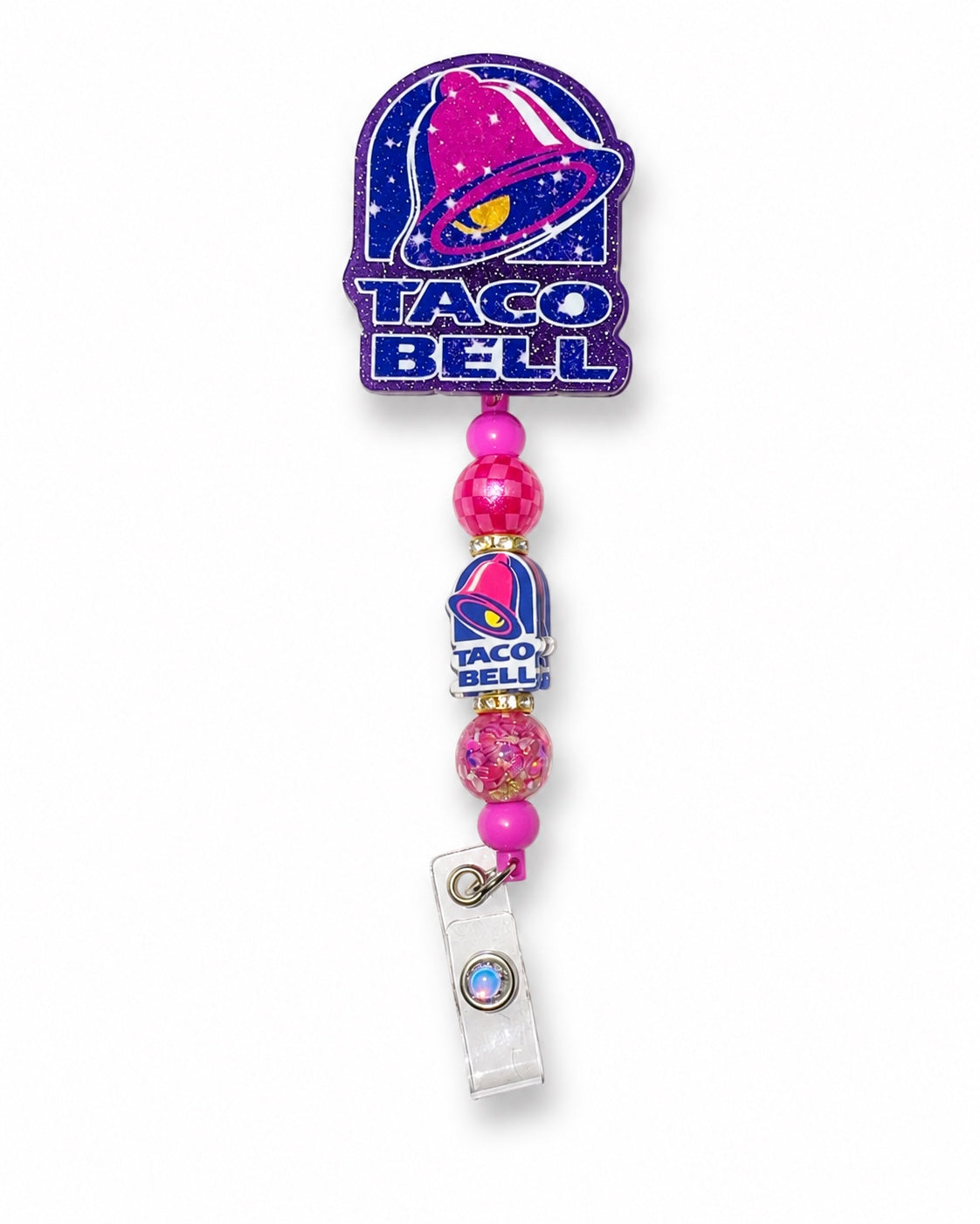 Pink and purple Taco Bell inspired beaded retractable badge reel