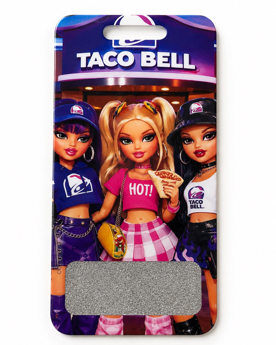 Taco Bell inspired doll badge buddy with silver glitter personalization area