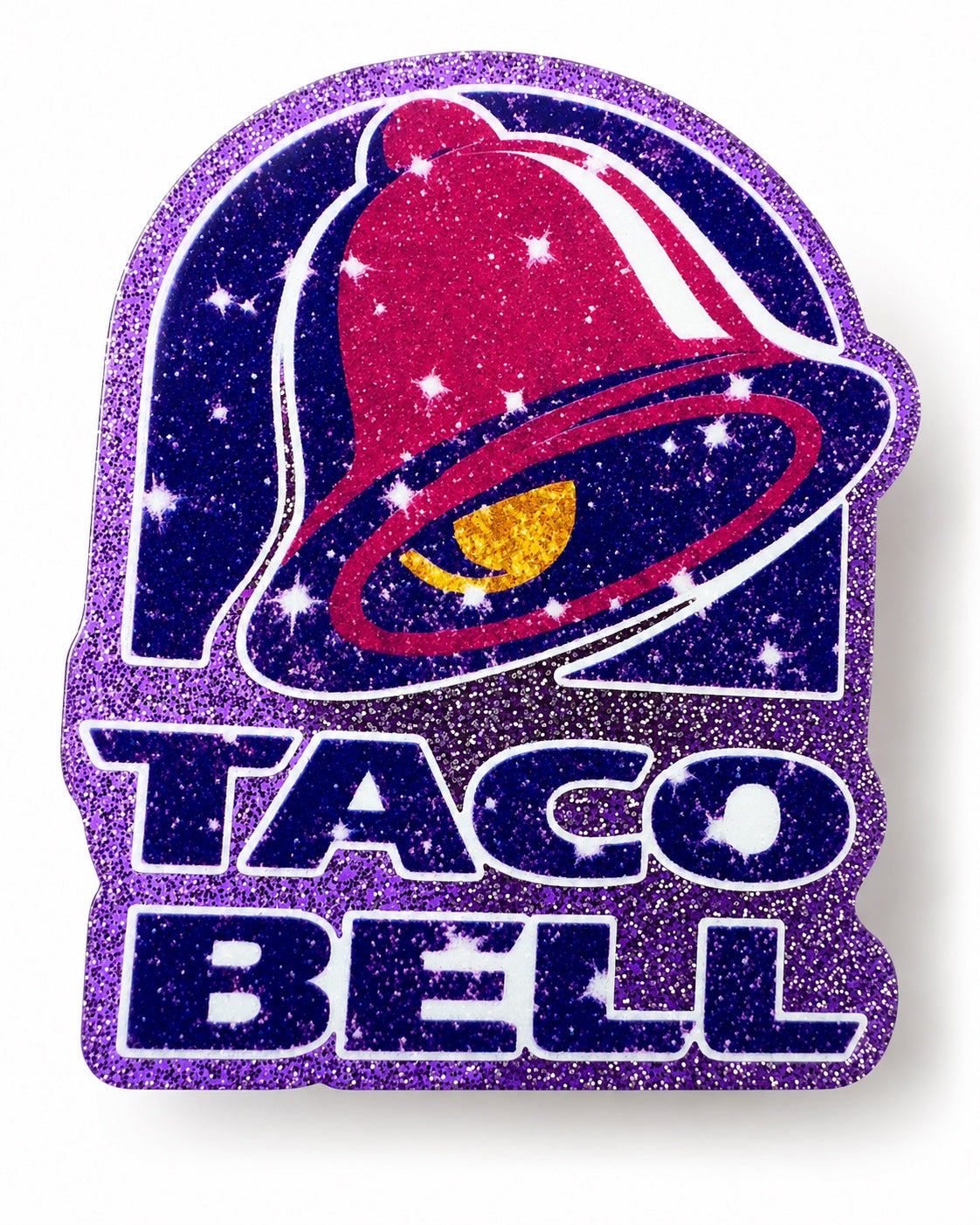 Close-up of glitter Taco Bell inspired acrylic badge reel topper