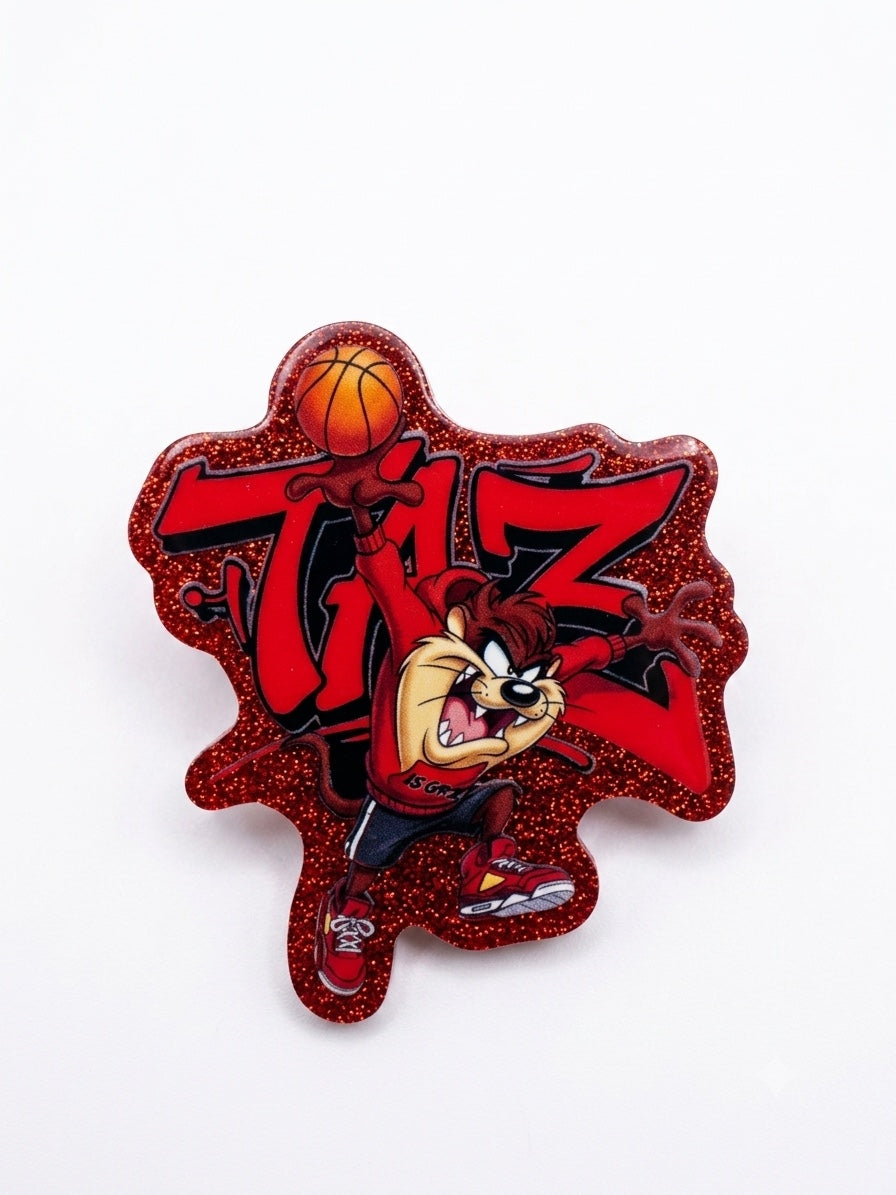 Red glitter basketball character acrylic badge reel topper