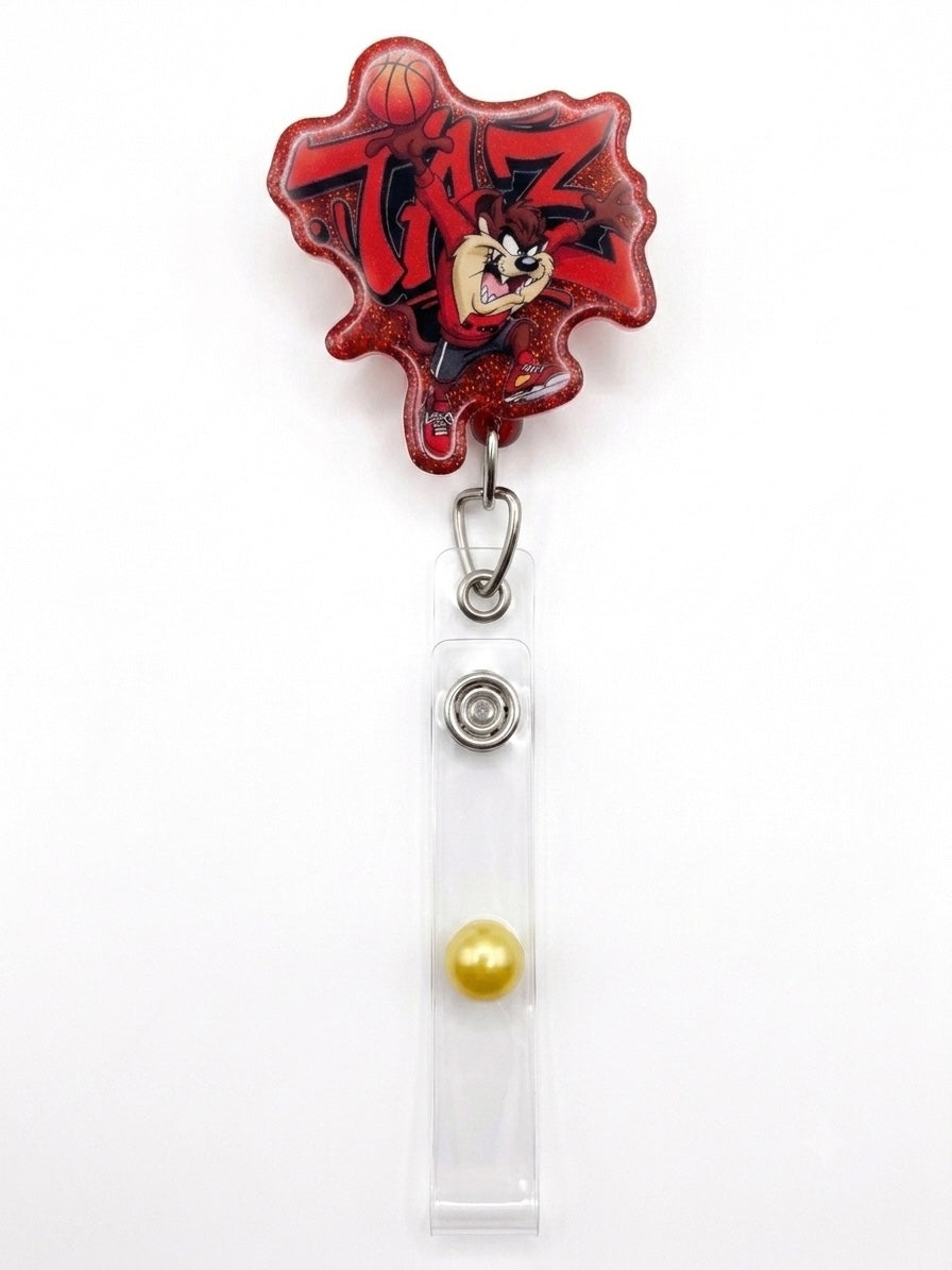 Red basketball character badge reel without decorative beads