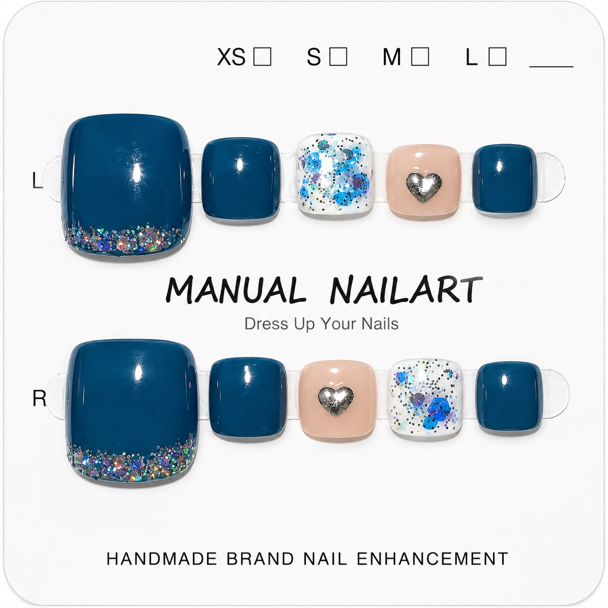 Teal, nude, and white press-on toe nails with glitter and silver heart accents