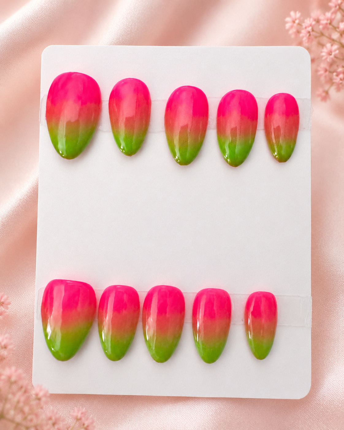 Watermelon Ombré press-on nails with pink and green glossy gradient